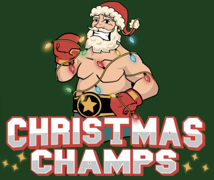 Santa Claus with boxing gloves and Christmas lights and Christmas Champs caption