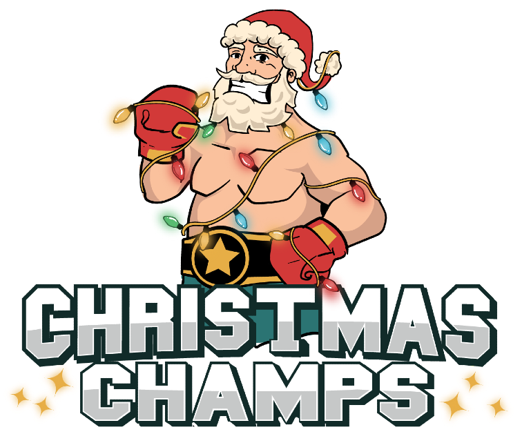 Santa Claus with boxing gloves and Christmas lights and Christmas Champs caption